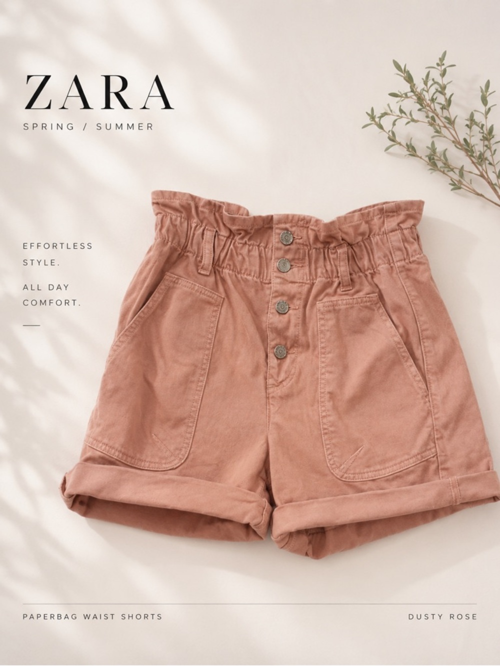 ZARA Dusty Rose Paperbag Waist Shorts Button Front Casual Chic | Size M